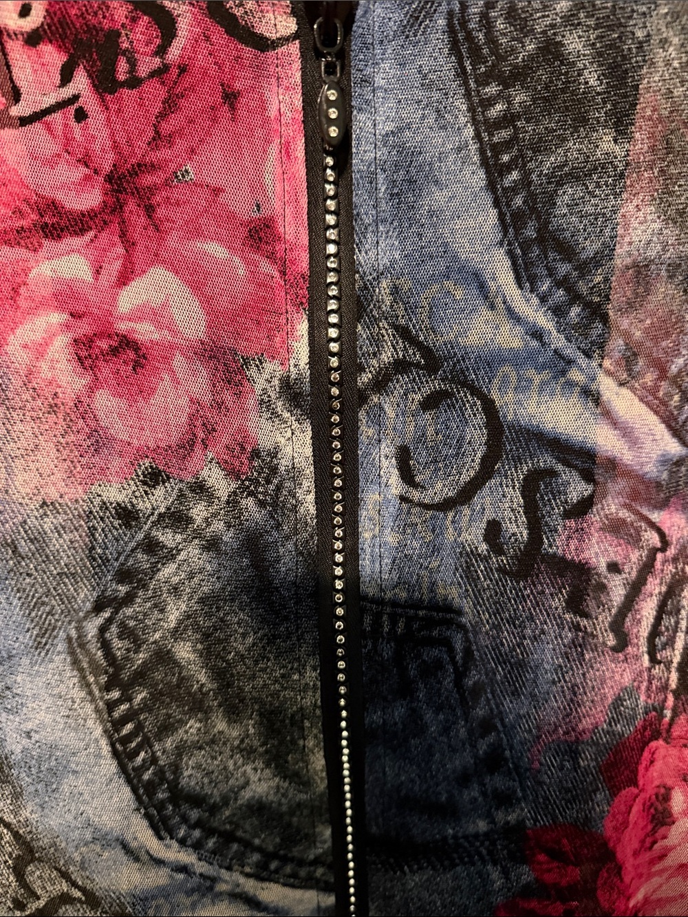 Damee Y2K Sheer Pink Floral Print Jean-Style Zip Jacket with Rhinestone Zipper - Picture 6 of 8